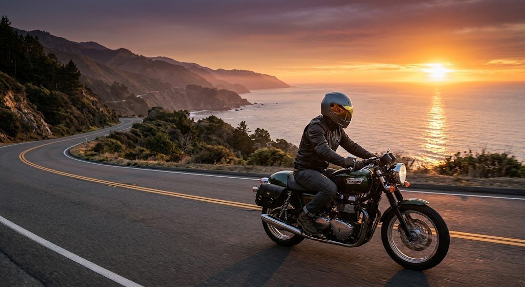 Biker đang lái xe trên cung đường đẹp với kính chống chói chuyên dụng