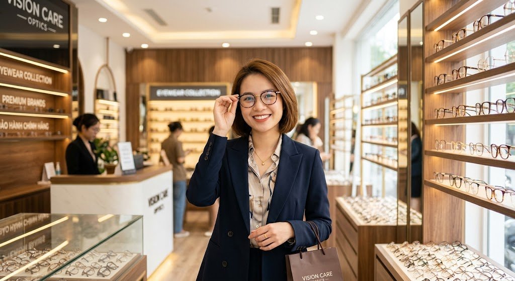 Khách hàng hài lòng sau khi đo mắt và cắt kính chuẩn xác tại Store Sunny TP HCM