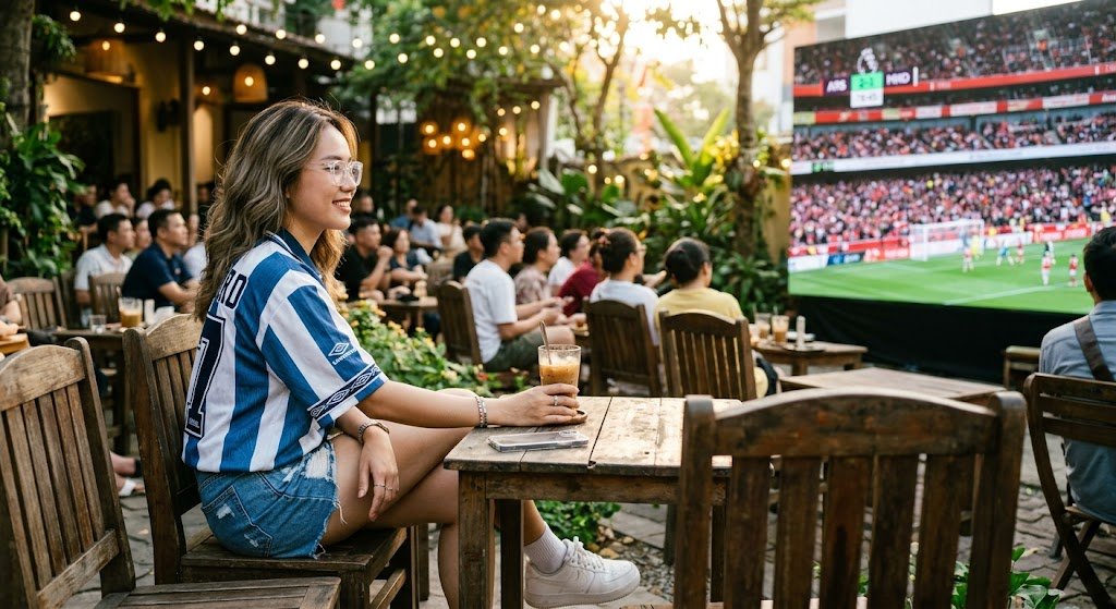 Phong cách Casual xem bóng đá với gọng kính trong suốt hiện đại