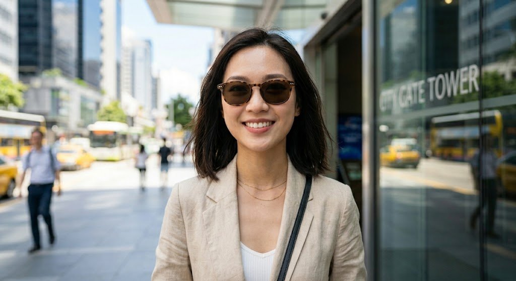 Dân văn phòng đeo kính đổi màu chống ánh sáng xanh khi làm việc với máy tính