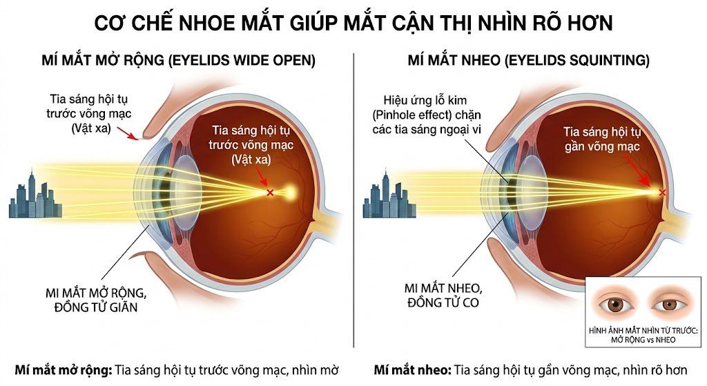 Minh họa cơ chế hội tụ ánh sáng trong mắt bị cận thị so với mắt bình thường