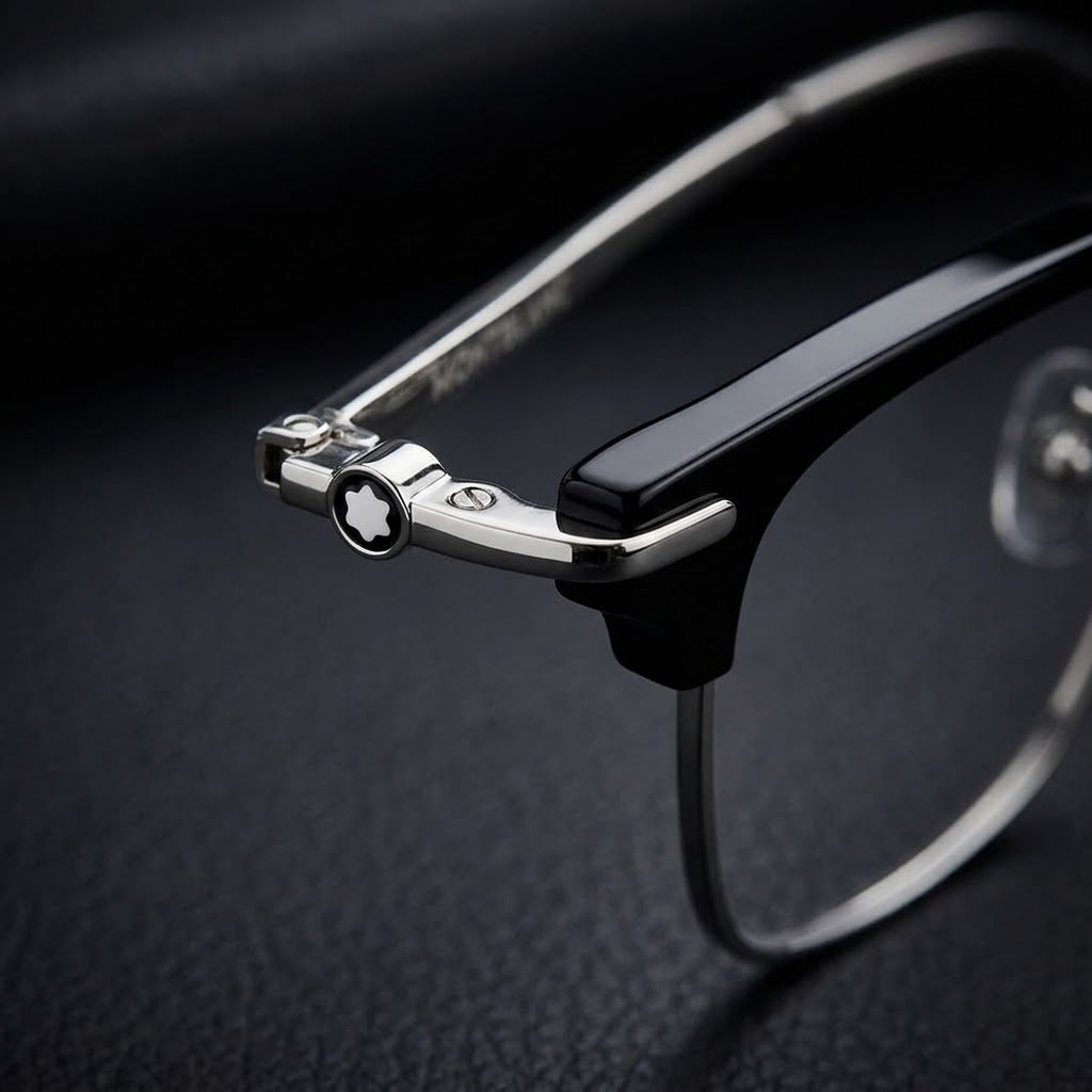 Chi tiết chất liệu acetate và hợp kim siêu nhẹ của gọng kính Montblanc MB0409O 001