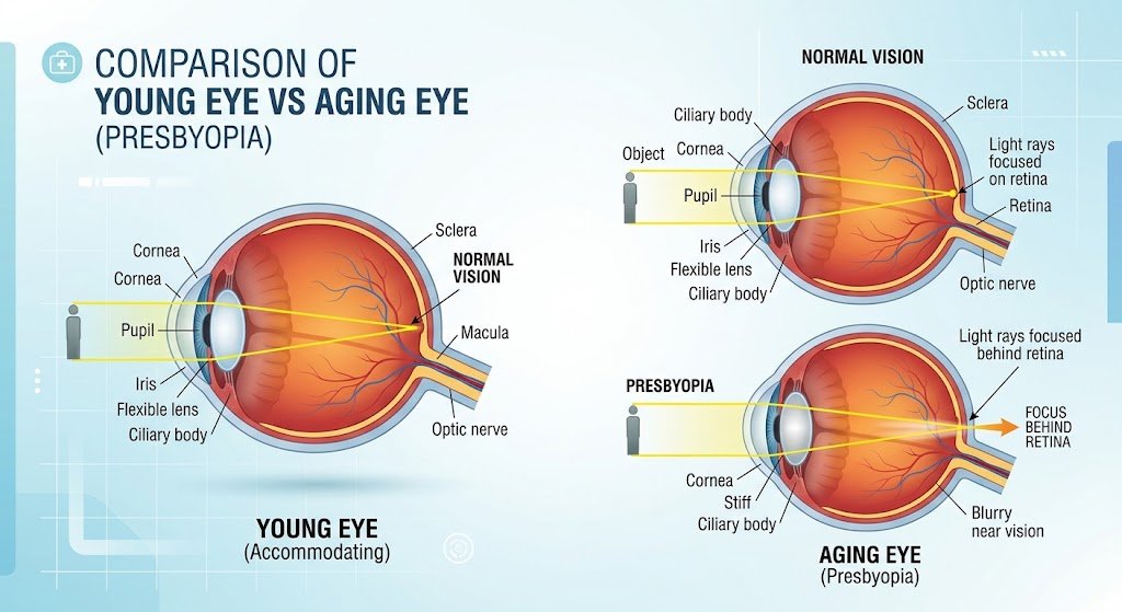 Lão thị là gì – Giải thích về presbyopia và sự thay đổi của mắt sau tuổi 40