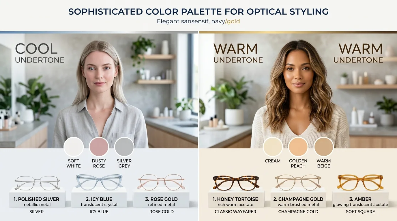 Bảng hướng dẫn chọn màu gọng kính: da sáng tone lạnh chọn gọng bạc hồng pastel, da ngăm tone ấm chọn gọng đồi mồi vàng kim