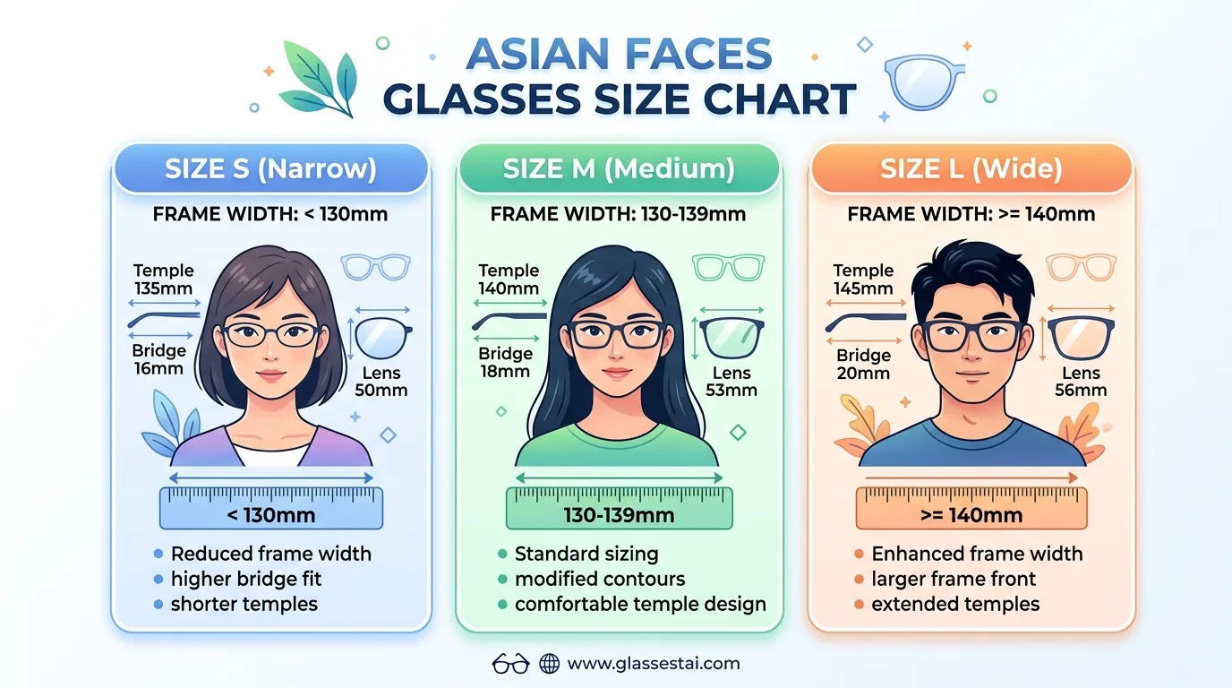 Bảng phân loại size gọng kính: Size S dưới 130mm, Size M từ 130 đến 139mm, Size L trên 140mm