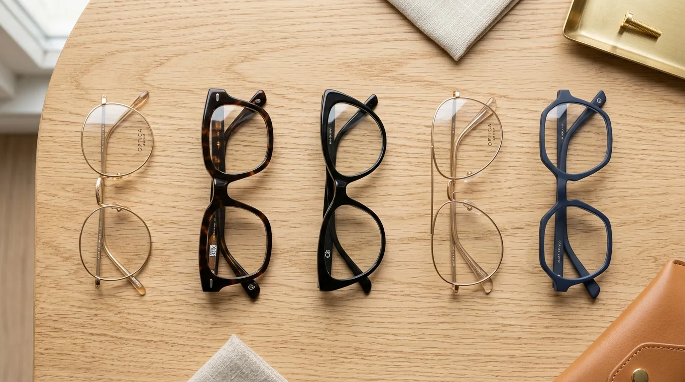 Các kiểu dáng gọng kính phổ biến: gọng tròn cổ điển, gọng vuông acetate, gọng mắt mèo, gọng aviator phi công và gọng đa giác