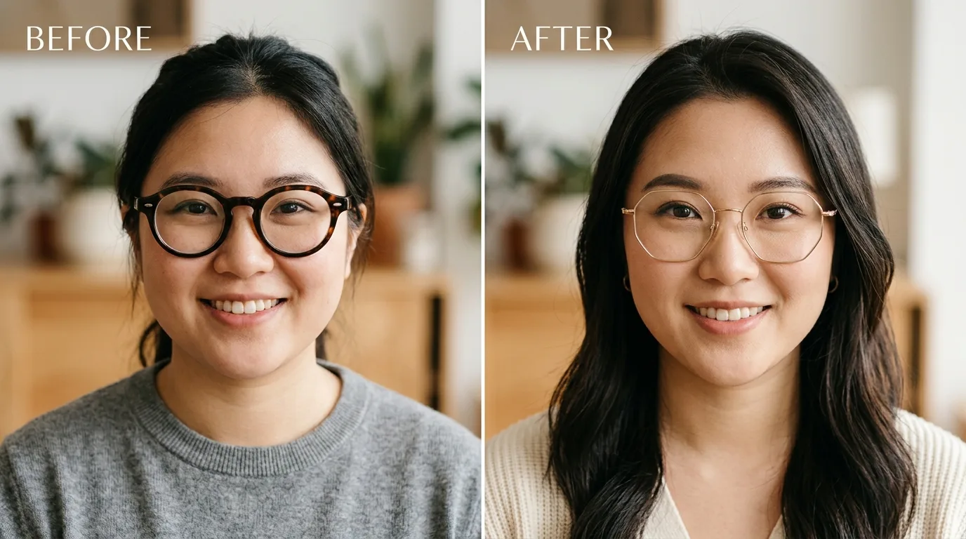 Ảnh so sánh trước và sau: nữ mặt tròn đeo gọng đa giác kim loại tạo đường nét cằm V-line thanh thoát