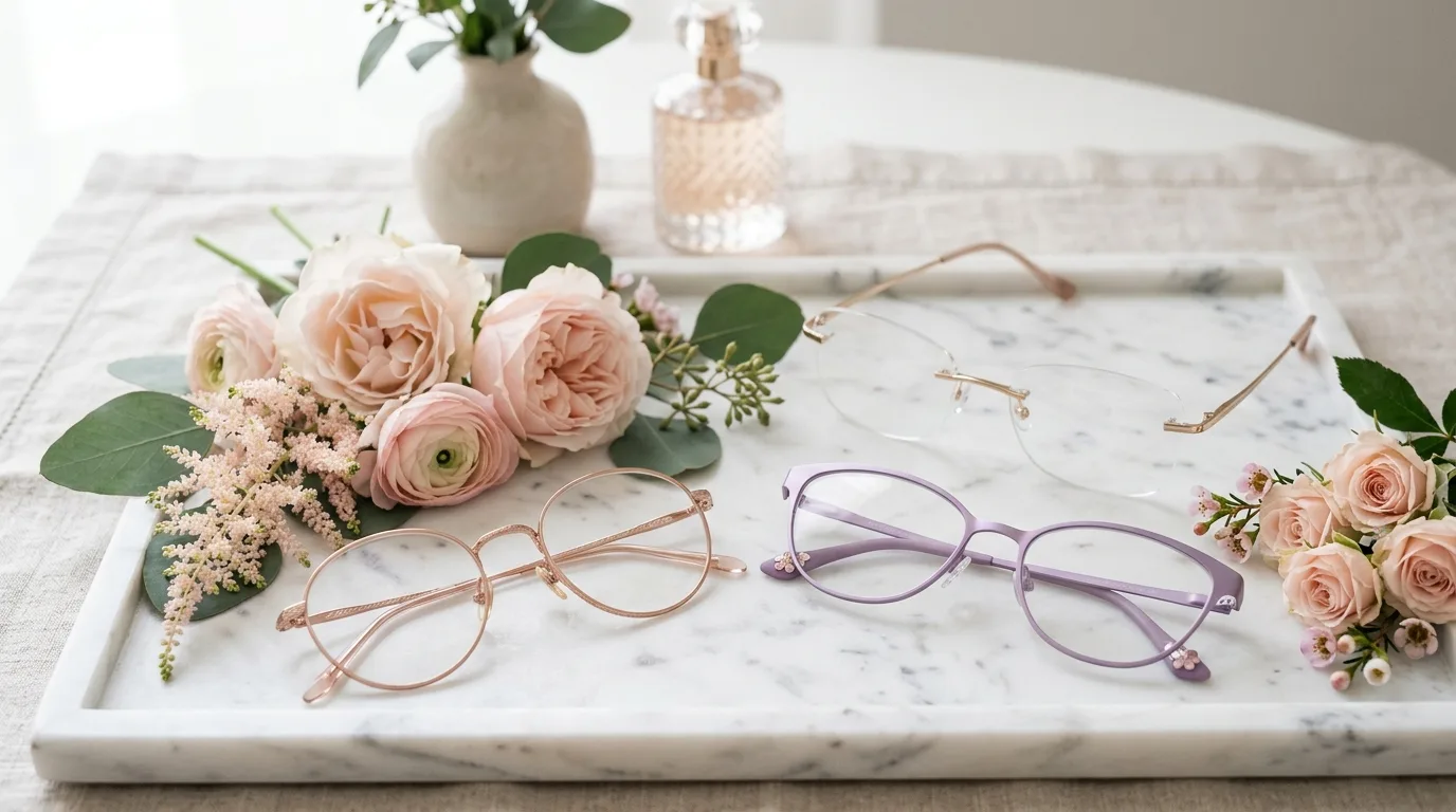 Gọng kính titan mạ vàng hồng Rose Gold và gọng kim loại tím pastel nữ tính trên khay đá hoa cương