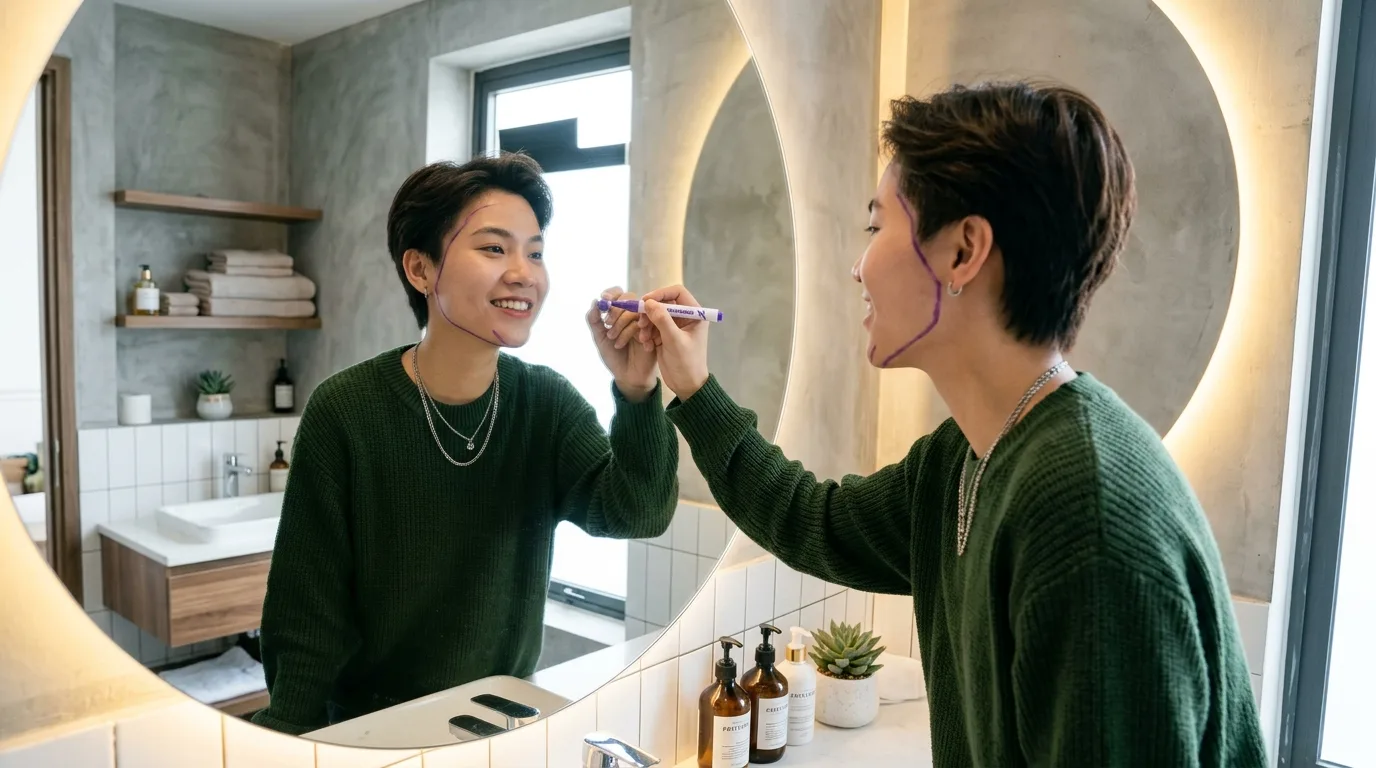 Cách dùng bút dạ vẽ viền khuôn mặt phản chiếu trong gương để xác định tỷ lệ trán gò má và cằm