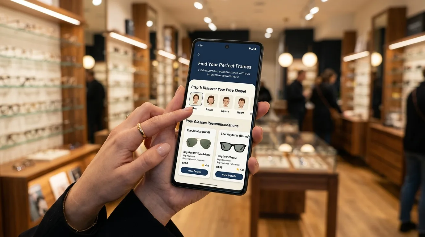 Giao diện ứng dụng Face-Shape Eyewear Quiz trắc nghiệm chọn kính trực tuyến trên website Store Sunny
