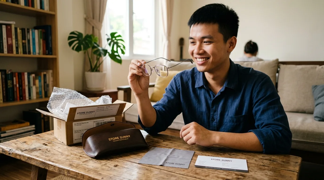 Khách hàng nam hài lòng mở hộp kính cận titan cắt online kèm bao da và thẻ bảo hành 15 ngày tại nhà