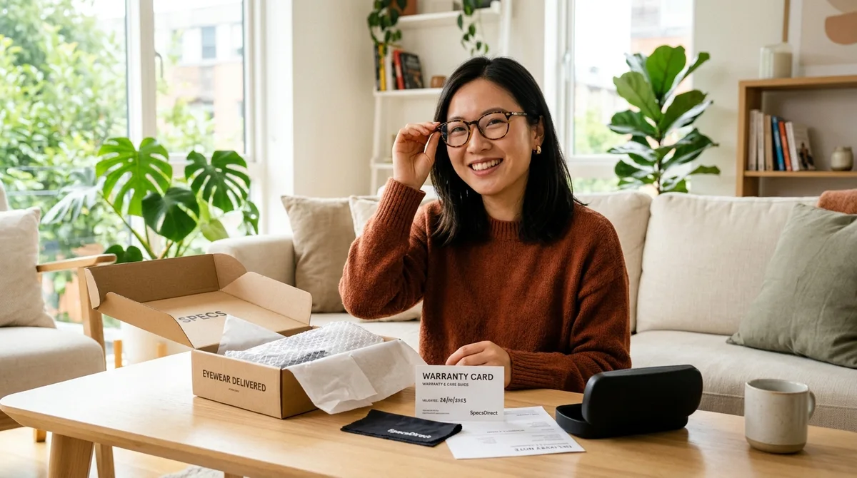 Khách hàng mở hộp thử kính cận online tại nhà và nhận thẻ bảo hành thích nghi 15 ngày