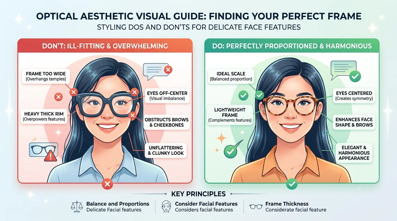 Infographic so sánh lỗi đeo kính quá dày che lấp nét mặt và lựa chọn gọng kính thanh thoát hài hòa