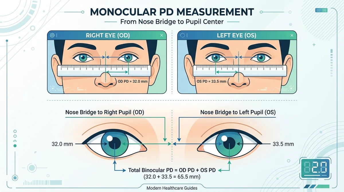 Sơ đồ đo Monocular PD từng mắt từ sống mũi đến tâm đồng tử