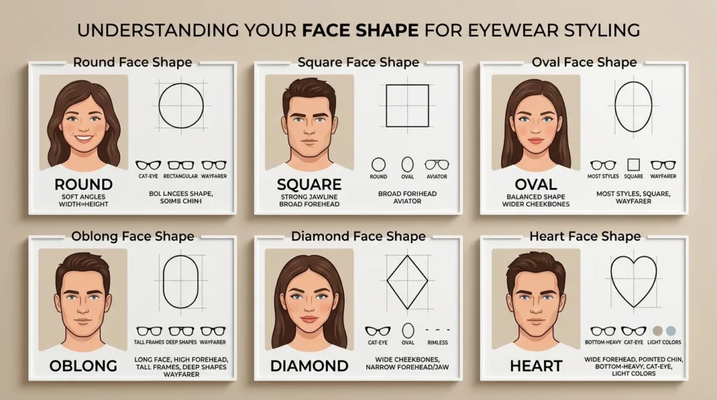 Sơ đồ hình học tỷ lệ 6 dáng khuôn mặt tròn vuông oval dài kim cương trái tim để chọn kính phù hợp