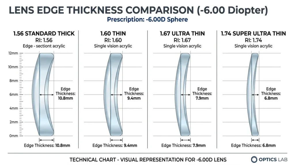 Bảng so sánh mặt cắt ngang độ dày viền tròng kính theo các chiết suất 1.56, 1.60, 1.67 và 1.74