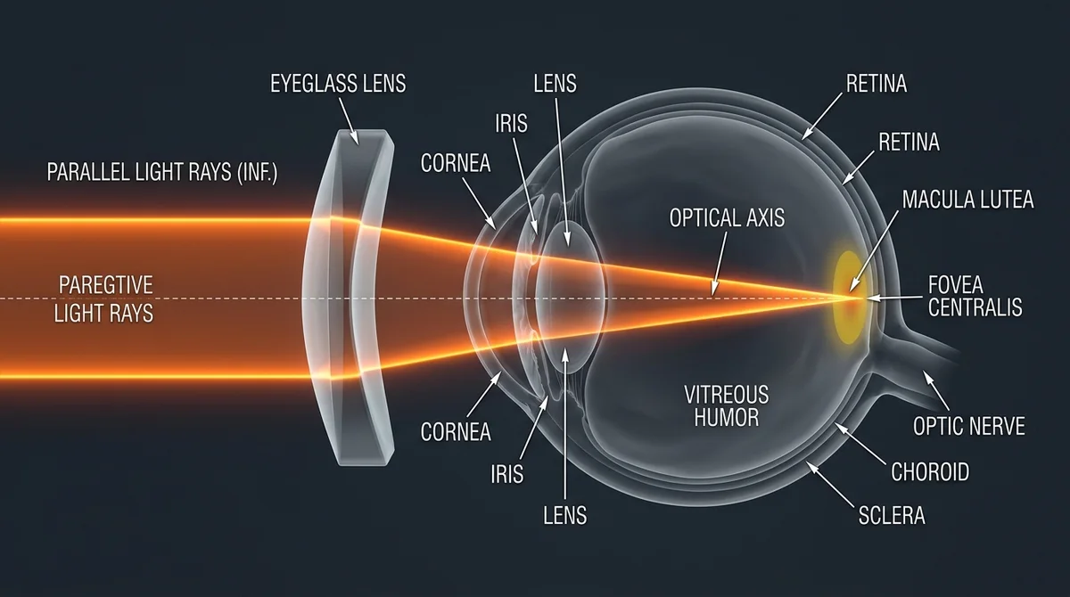 Sơ đồ quang học mô tả tia sáng hội tụ tại tâm hoàng điểm fovea centralis khi đúng tâm PD